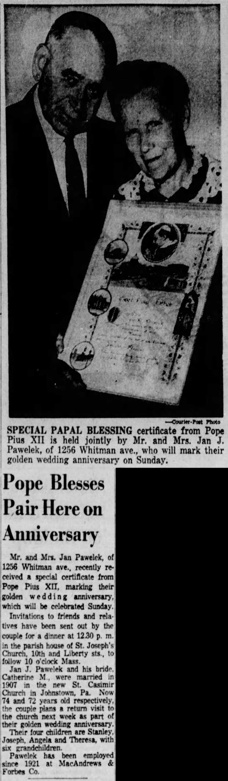 Pope blesses John and Katherine Pawelek on golden anniversary, July 19, 1957