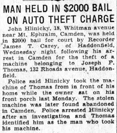 Man Held in $2000 Bail on Auto Theft Charge, Camden Courier-Post, June 10, 1932
