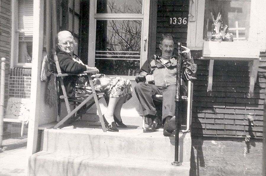 May Adams and Harry Woods on back porch, 1336 Whitman Avenue, circa 1960s