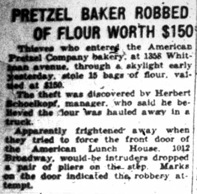 Pretzel Baker Robbed of Flour Worth $150, Camden Courier-Post, April 2, 1928
