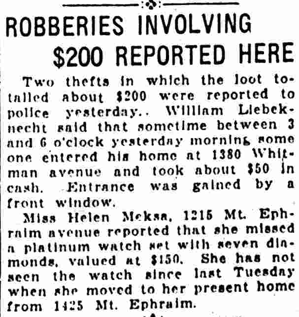 Robberies Involving $200 Reported Here, Camden Courier, June 8, 1925