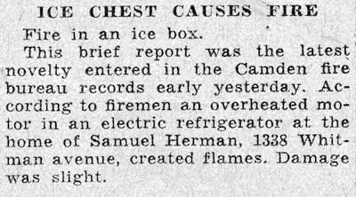 Ice Chest Causes Fire, Camden Courier-Post, August 14, 1938