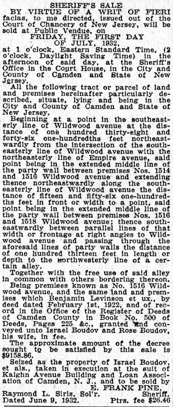 Sheriff's Sale notice for 1516 Wildwood Avenue, June 9, 1932