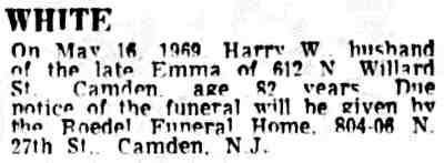 White death notice, Camden Courier-Post, May 17, 1969