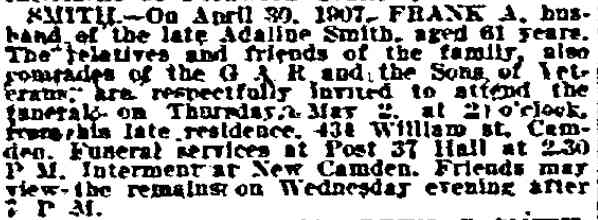 Obituary notice for Frank A. Smith, 434 William Street, Philadelphia Inquirer, May 1, 1907