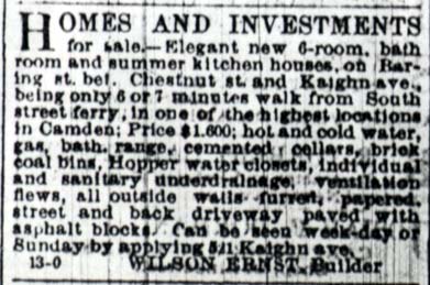 Wilson Ernst real estate advertisement, Camden Post, February 22, 1888