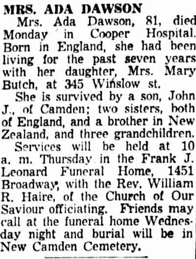 Mrs. Ada Dawson obituary — Camden Courier-Post, March 26, 1957