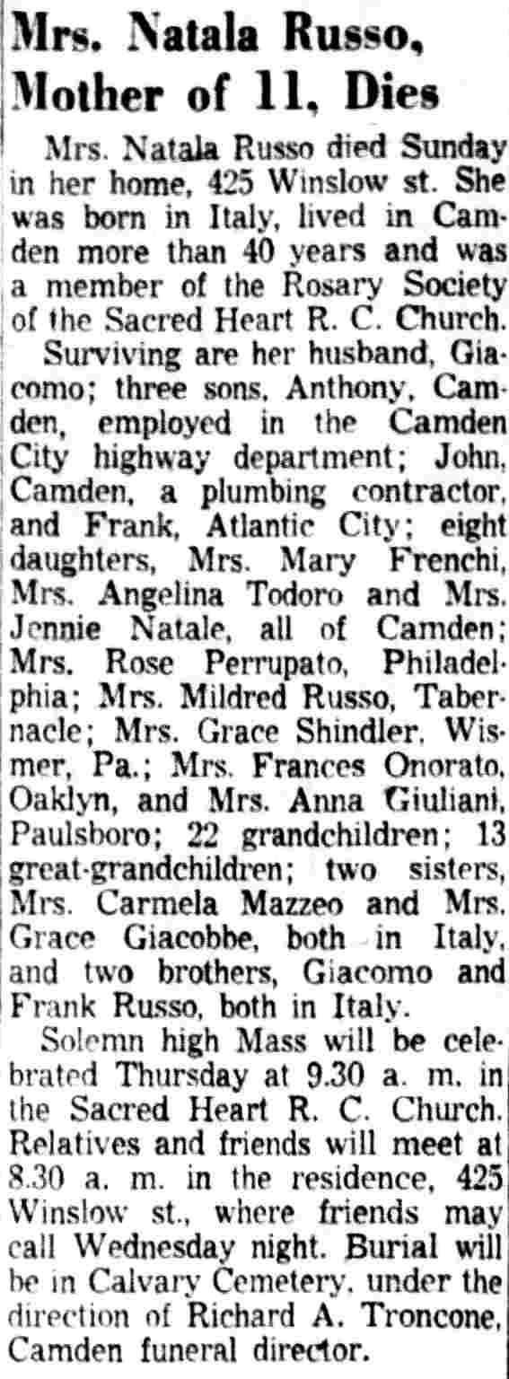 Mrs. Natala Russo obituary — Camden Courier-Post, February 1, 1954