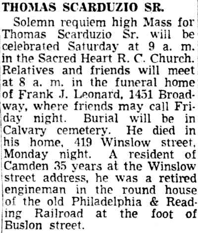 Thomas Scarduzio Sr. obituary — Camden Courier-Post, May 1950