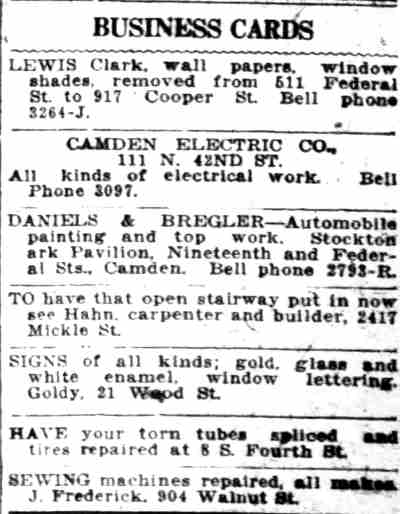 2417 Mickle Street — Daniel F. Hahn builder, Mrs. Nellie Franks, Camden Post-Telegram, February 14, 1920