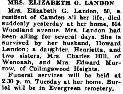 Mrs. Elizabeth G. Landon obituary, Camden Courier-Post, January 15, 1938