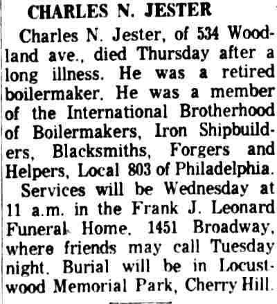 Charles N. Jester obituary, Camden Courier-Post, September 1, 1962