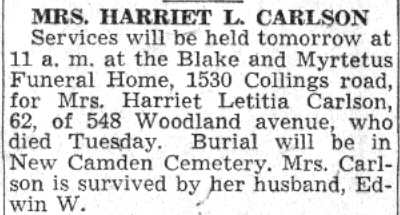 Mrs. Harriet L. Carlson obituary, Camden Courier-Post, July 31, 1941