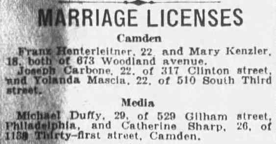 Marriage license notice, Camden Courier-Post, October 4, 1930