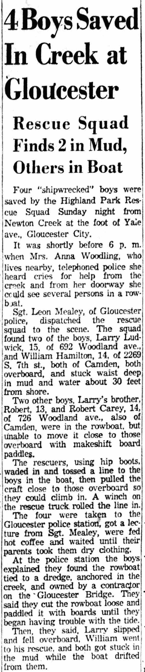 4 Boys Saved In Creek at Gloucester, Camden Courier-Post, January 3, 1955