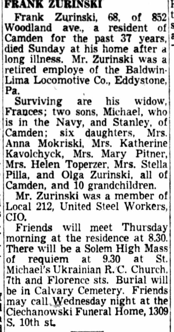 Frank Zurinski obituary, Camden Courier-Post, July 28, 1952