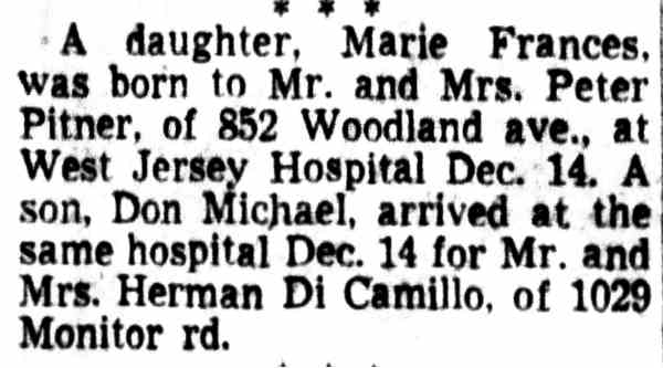 Birth announcement, Peter and Mary Pitner, 852 Woodland Avenue, December 22, 1952