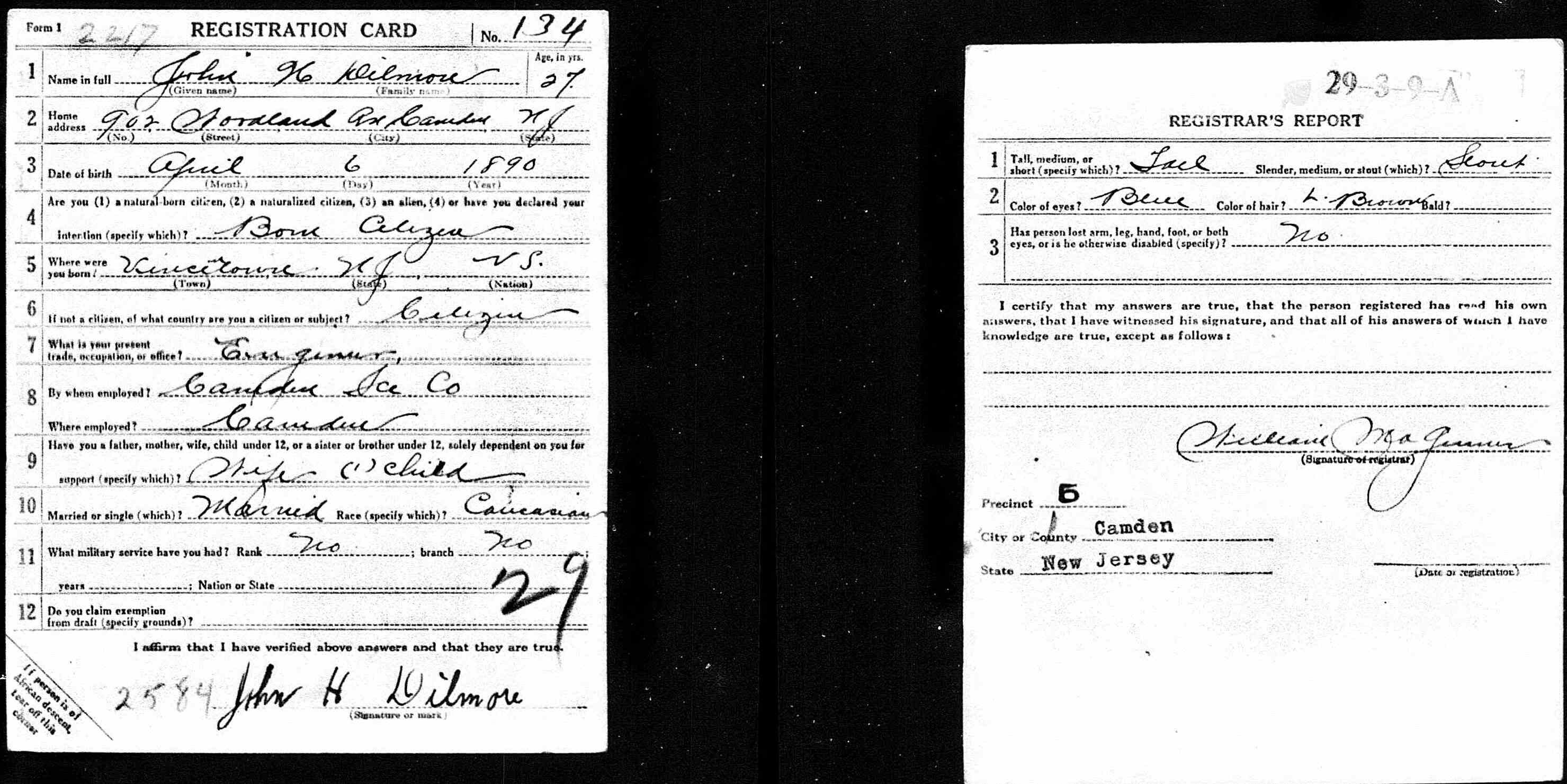 World War I draft card, John Dilmore, 902 Woodland Avenue