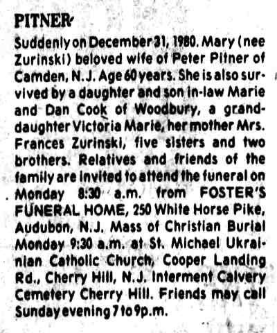 Mary Pitner death notice, Camden Courier-Post, January 4, 1981