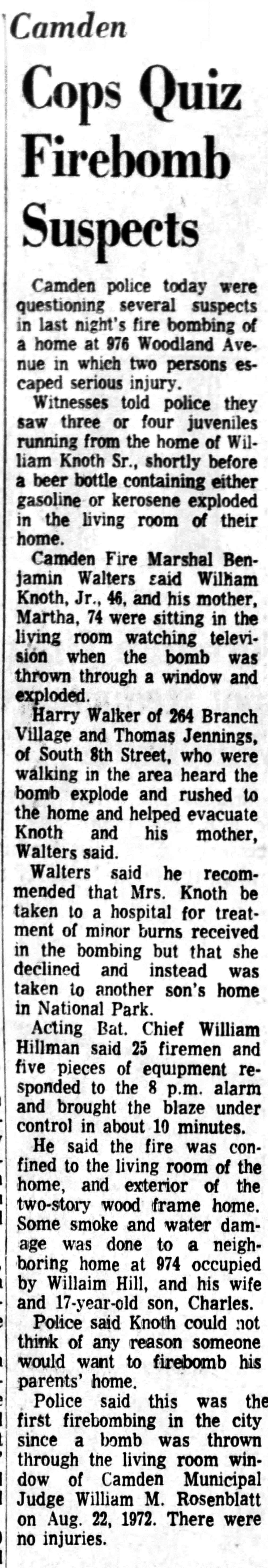 Camden Cops Quiz Firebomb Suspects, 978 Woodland Avenue, January 1974