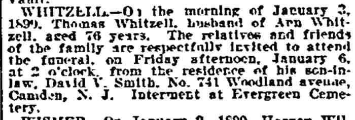 Whitzell death notice, Philadelphia Inquirer, January 6, 1899