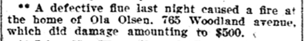 Defective Flue Fire, Ola Olsen, 765 Woodland Avenue, Philadelphia Inquirer, February 16, 1905