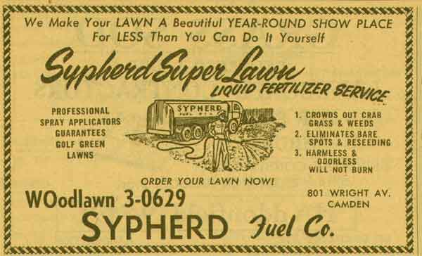 Sypherd Super Lawn Liquid Fertilizer Service — 801 Wright Avenue, Camden — NJ Bell Yellow Pages, 1955