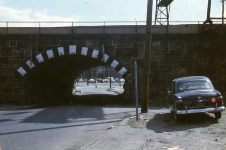 Looking east on South 11th Street towards the Armory-Public Works building on Wright Avenue, circa 1955