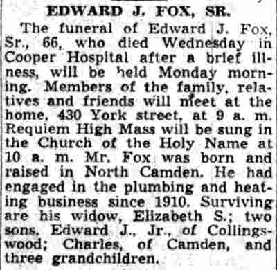 430 York Street — Edward J. Fox & Family — Camden Courier-Post, August 13, 1943