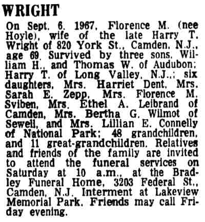 820 York Street — Mrs. Florence M. Wright — Camden Courier-Post, September 7, 1967