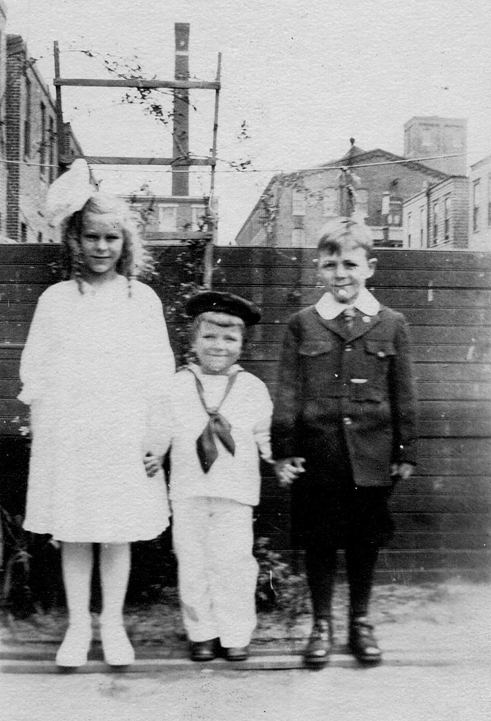 The three Brook children — 830 York Street — At rear: Highland Worsted Mills
