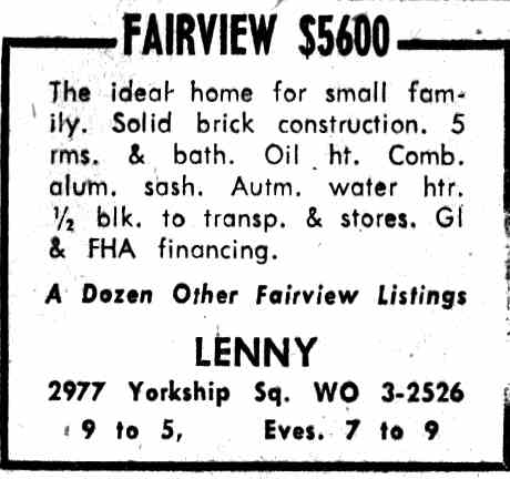 Lenny Realty — Fairview $5600 — Camden Courier-Post, November 25, 1955