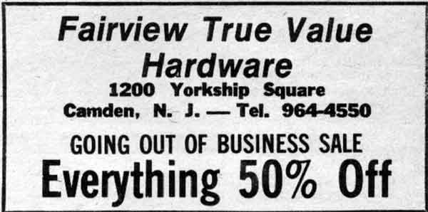 Fairview True Value Hardware — Going Out of Business Sale — Camden County Record, September 29, 1980