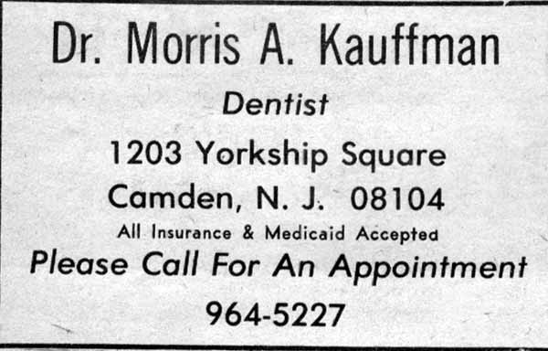 Dr. Morris A. Kauffman, Dentist — 1203 Yorkship Square — Camden County Record, March 20, 1980