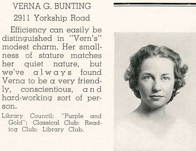 Verna G. Bunting, 2911 Yorkship Road — Camden High School Purple and Gold Yearbook, 1937