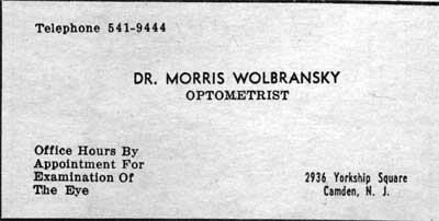 Dr. Morris Wolbransky, Optometrist — 2936 Yorkship Square — Camden County Record, November 25, 1976