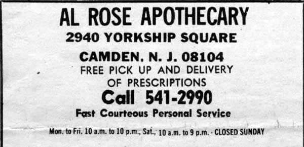 Al Rose Apothecary — 2940 Yorkship Square — Camden County Record, September 19, 1985
