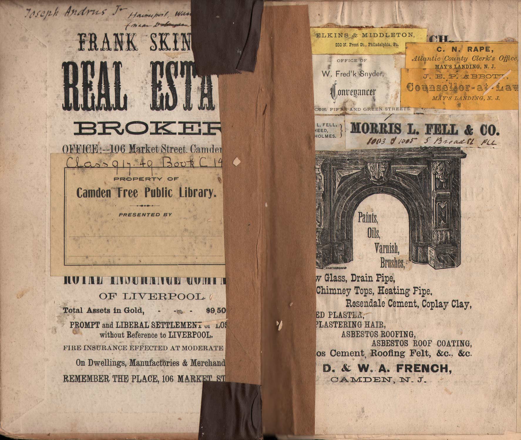 1872 Camden City Directory — front inner cover