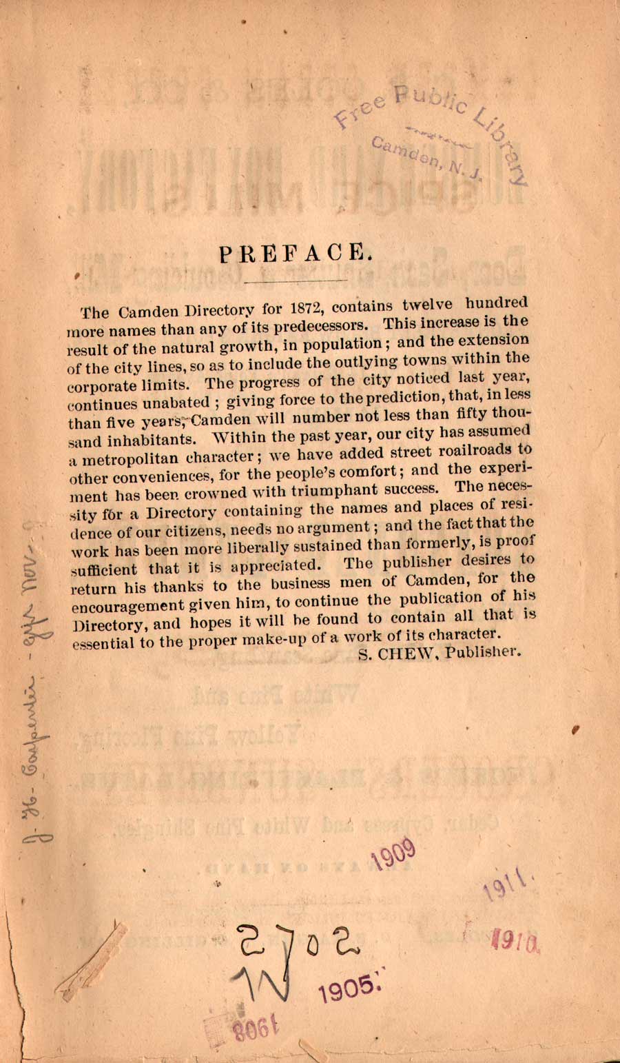 1872 Camden City Directory — preface