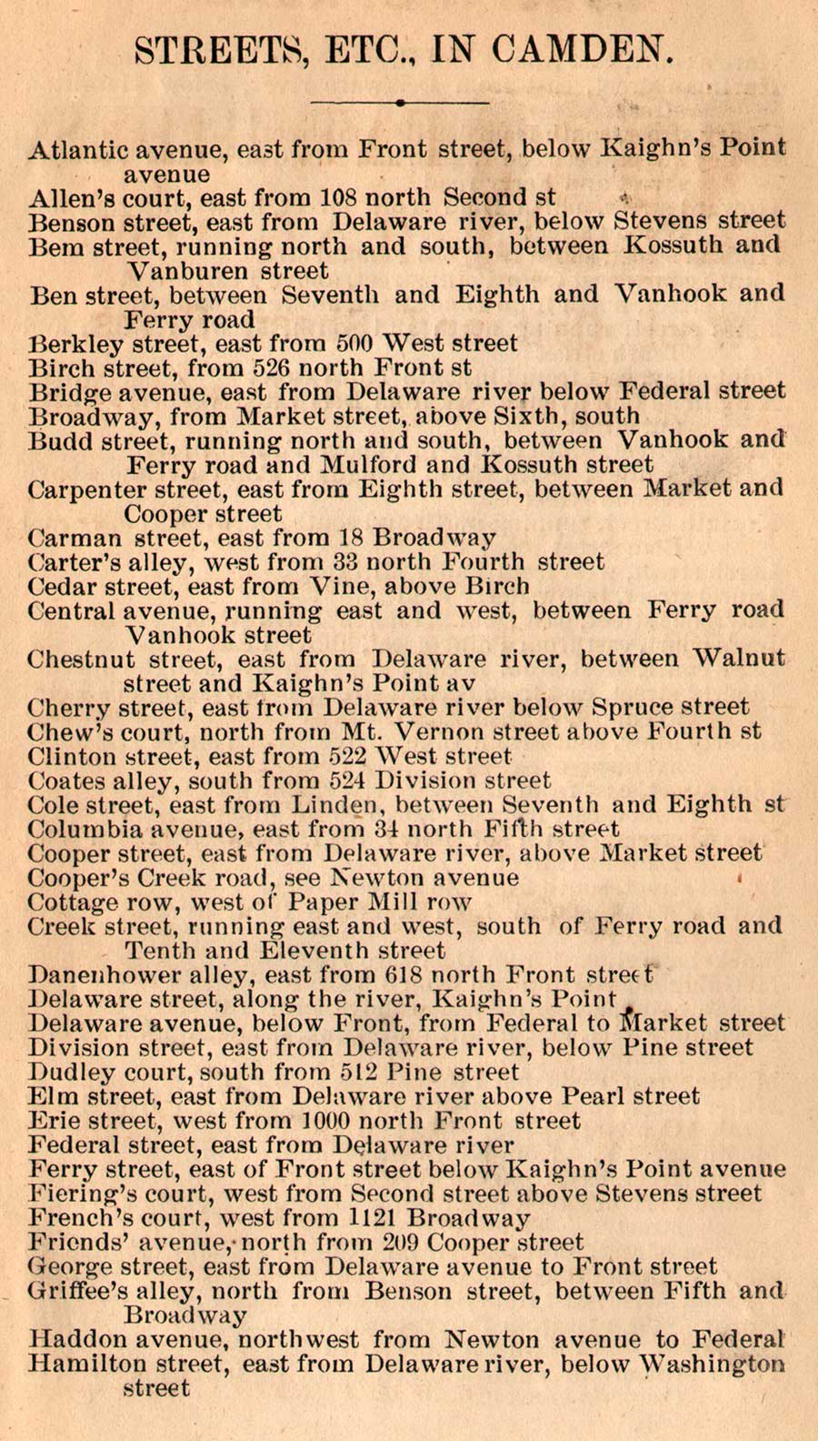 1872 Camden City Directory — streets index, pages 5–6