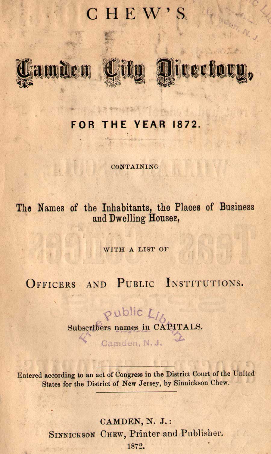 1872 Camden City Directory — title page