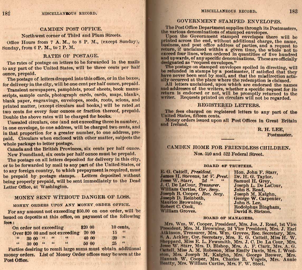 1872 Camden City Directory — Post Office and Camden Home for Friendless Children page