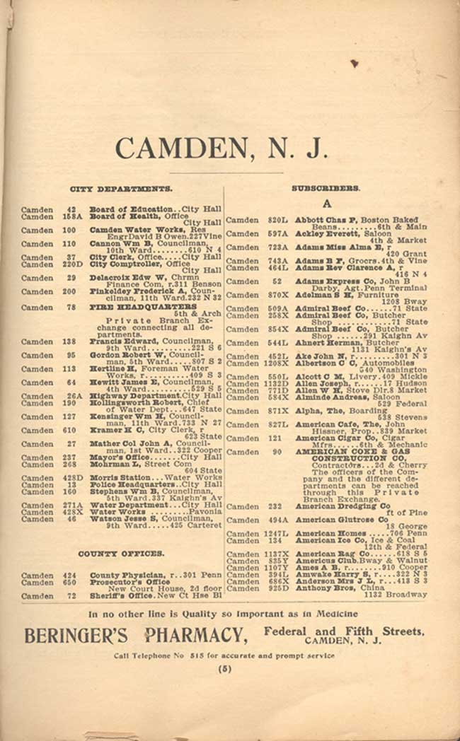 Delaware & Atlantic Telegraph & Telephone Directory, Camden District, 1906 — sample page