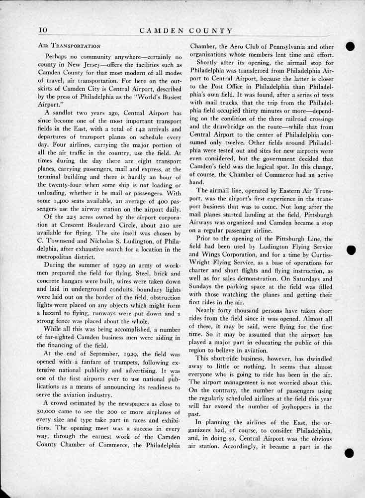 Camden County 250th Anniversary Book, 1931, page about Central Airport