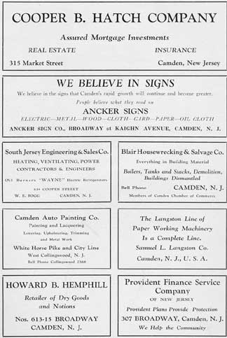 Business advertisements from the 1928 Centennial Mirror of Camden, N.J.
