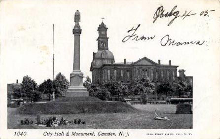 Camden City Hall and the Soldier's Monument, postcard mailed August 4, 1905
