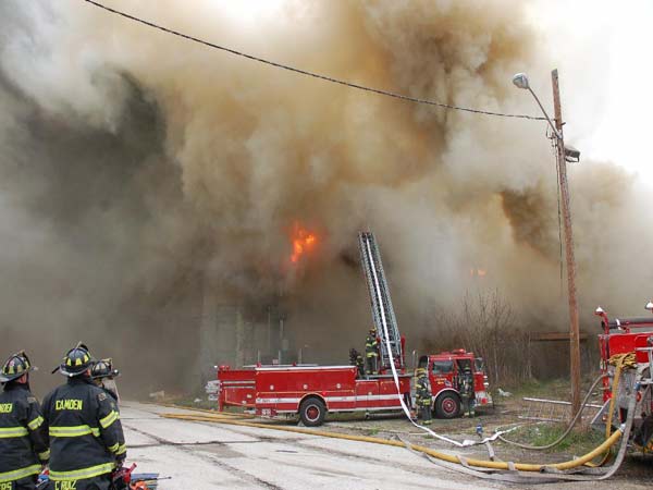 Three-alarm fire at the old Haddon Bindery, Camden, April 6, 2008