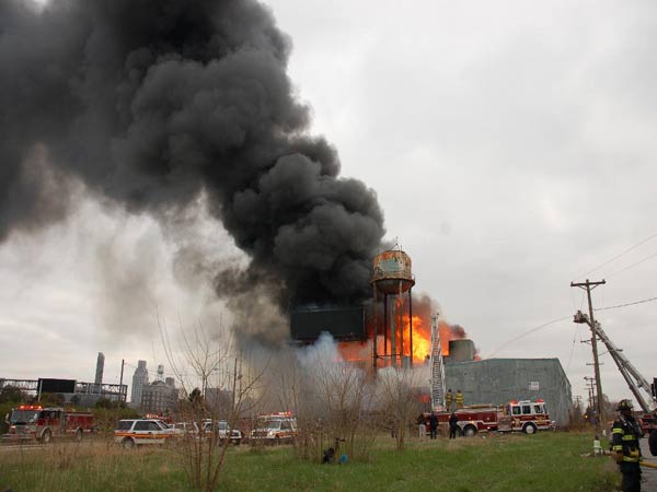 Three-alarm fire at the old Haddon Bindery, Camden, April 6, 2008