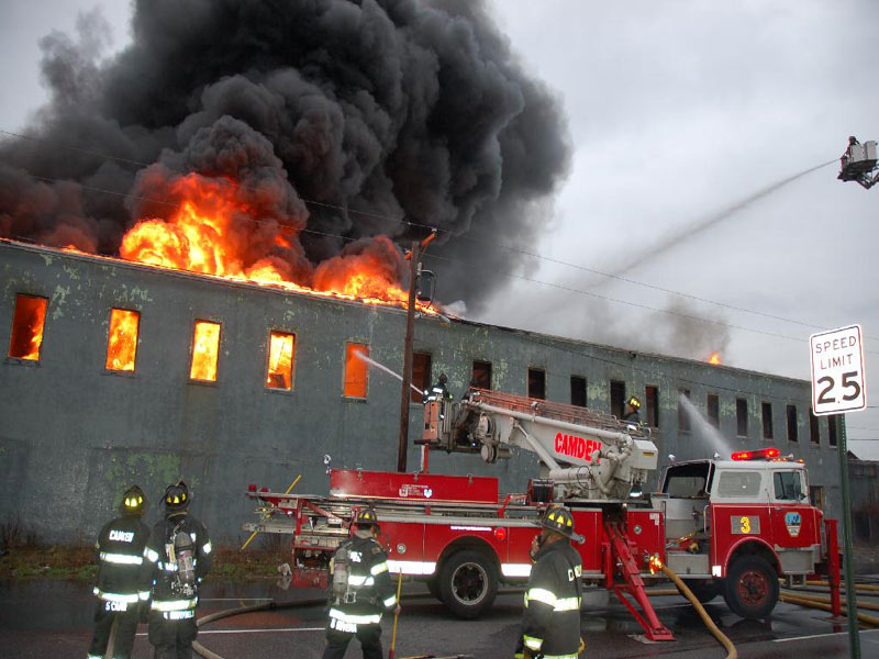 Three-alarm fire at the old Haddon Bindery, Camden, April 6, 2008