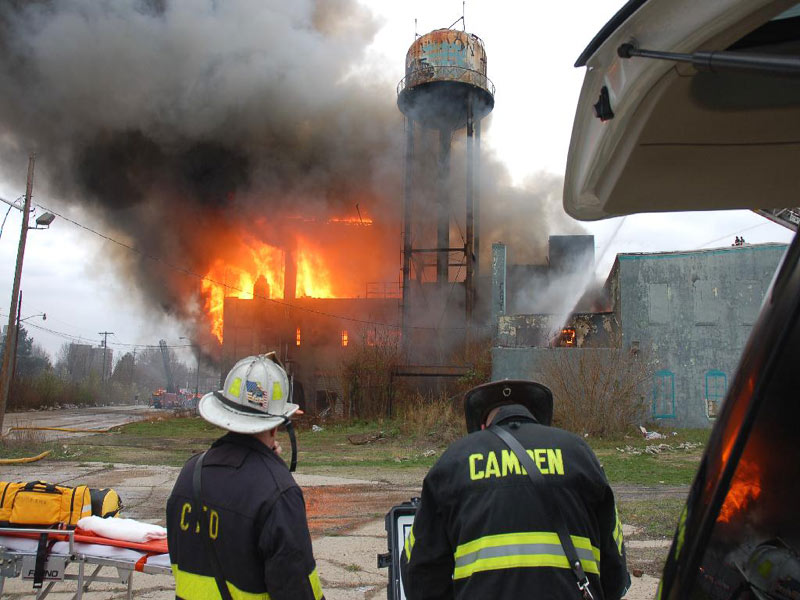 Three-alarm fire at the old Haddon Bindery, Camden, April 6, 2008